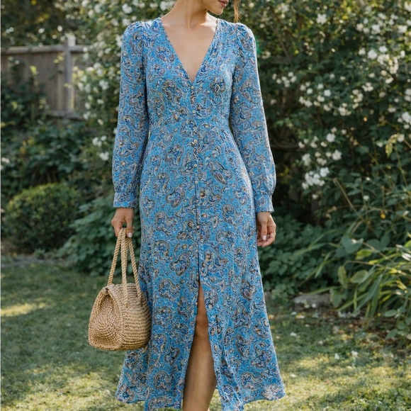 J. Crew Dresses & Skirts - J. Crew Sky Blue Paisley V-Neck Long Sleeve Dress Puff Sleeve Button Front 4